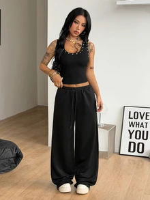 Coolane Summer Sport Casual Logo Pattern Baggy Sweatpants - Black - View 7