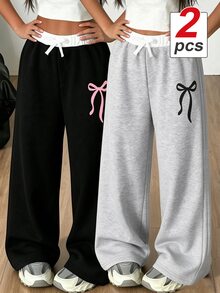 SHEIN 2 件套青少年女孩休闲百搭街头图案印花宽松阔腿撞色腰带设计运动裤，秋冬 - 彩色 - 查看 8