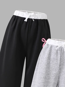 SHEIN 2 件套青少年女孩休闲百搭街头图案印花宽松阔腿撞色腰带设计运动裤，秋冬 - 彩色 - 查看 5