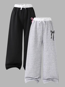 SHEIN 2 件套青少年女孩休闲百搭街头图案印花宽松阔腿撞色腰带设计运动裤，秋冬 - 彩色 - 查看 4