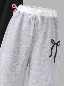 SHEIN 2 件套青少年女孩休闲百搭街头图案印花宽松阔腿撞色腰带设计运动裤，秋冬 - 彩色 - 查看 6