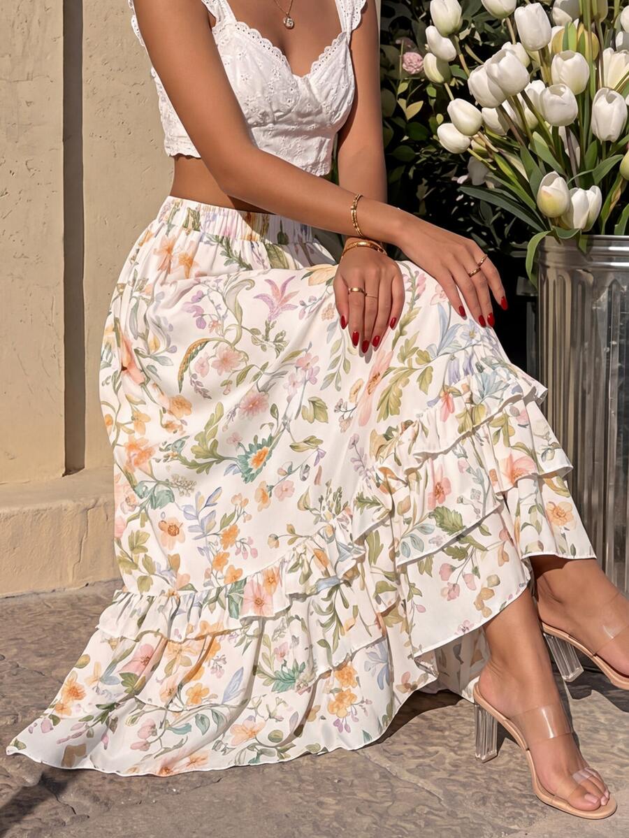 Cévolie Women's Elegant Elegant Early Autumn Vacation Print Ruffle Hem Skirt - Multicolor - View 1
