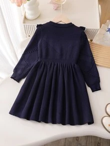 Souflis Souflis 清新甜美風女童橄欖綠針織洋裝，波浪下擺搭配蝴蝶結裝飾，超可愛，適合春季/秋季與秋冬，適用家庭聚會、學校活動或日常出遊 - 藏蓝色 - 查看 2