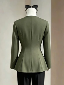 Selianne Women's Autumn/Winter Army Green Faux Linen Design 2 In 1 Metal Button Asymmetrical Opening Long Sleeve Cinched Waist A-Line Elegant Commute Versatile V-Neck Blouse Jacket - Army Green - View 2