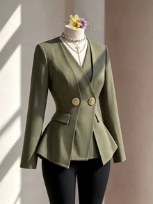 Selianne Women's Autumn/Winter Army Green Faux Linen Design 2 In 1 Metal Button Asymmetrical Opening Long Sleeve Cinched Waist A-Line Elegant Commute Versatile V-Neck Blouse Jacket - Army Green - View 6