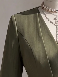 Selianne Women's Autumn/Winter Army Green Faux Linen Design 2 In 1 Metal Button Asymmetrical Opening Long Sleeve Cinched Waist A-Line Elegant Commute Versatile V-Neck Blouse Jacket - Army Green - View 4
