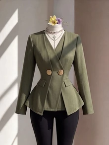 Selianne Women's Autumn/Winter Army Green Faux Linen Design 2 In 1 Metal Button Asymmetrical Opening Long Sleeve Cinched Waist A-Line Elegant Commute Versatile V-Neck Blouse Jacket - Army Green - View 5