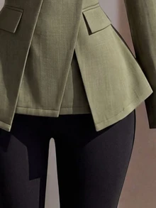 Selianne Women's Autumn/Winter Army Green Faux Linen Design 2 In 1 Metal Button Asymmetrical Opening Long Sleeve Cinched Waist A-Line Elegant Commute Versatile V-Neck Blouse Jacket - Army Green - View 3
