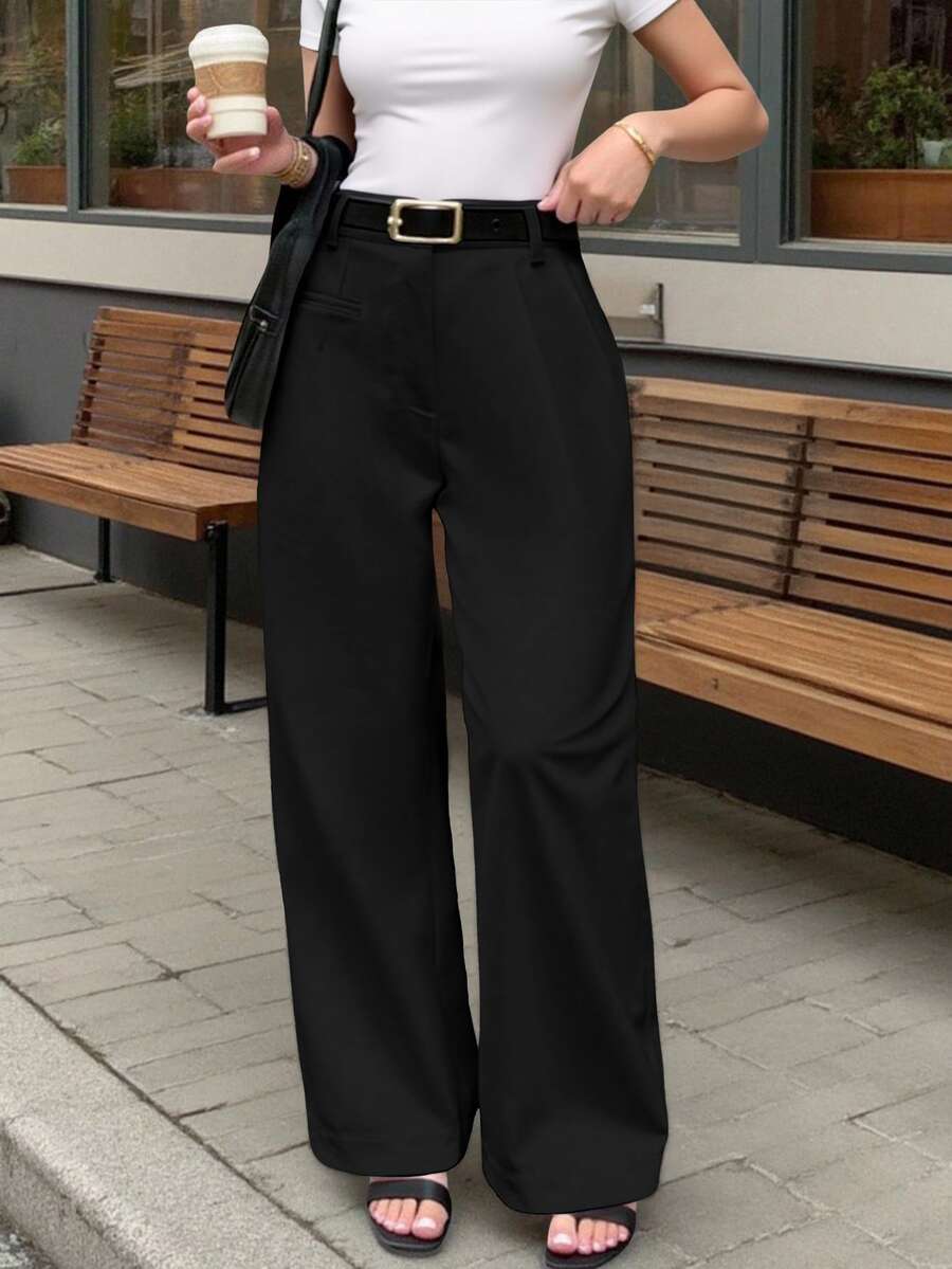 EMERY ROSE Pantalones de traje de unicolor casual elegante para mujer, tela de otoño para mujer, trabajo de negocios, negro - Negro - Ver 1