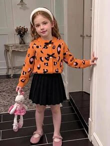 Setelan Sweater & Rok Rajut Kasual Motif Leopard Musim Gugur/Dingin untuk Anak Perempuan - MultiWarna - View 1