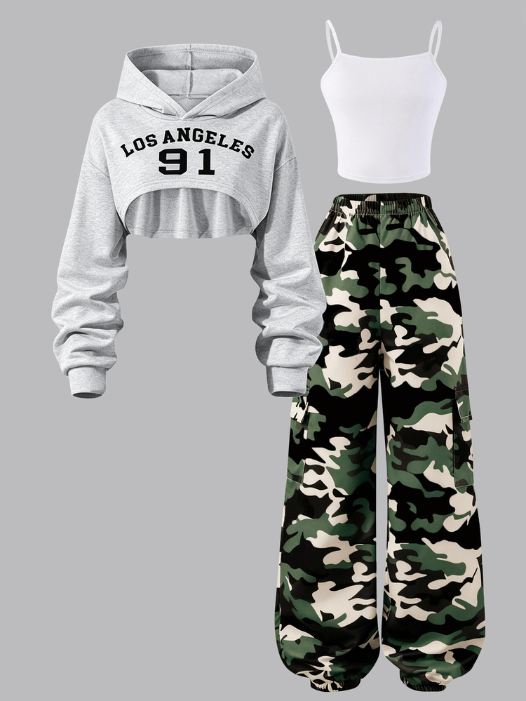 SHEIN 3pcs/Set Tween Girls Camouflage Pattern Sweatshirt Top Cami Tank Top With Tapered Leg Pants For Autumn School Y2k Fall Clothes Outfit - Multicolor - View 1