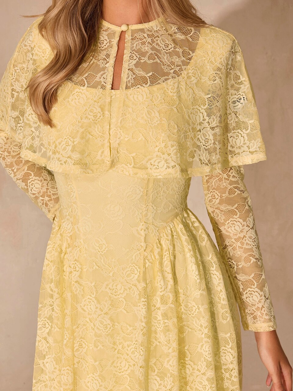 Enchnt Premium Fall Romantic Women's Elegant Yellow Lace A-Line Shawl Dress,Casual Dress,Birthday,Going Out,Christmas,Graduation Dress,Banquet Party