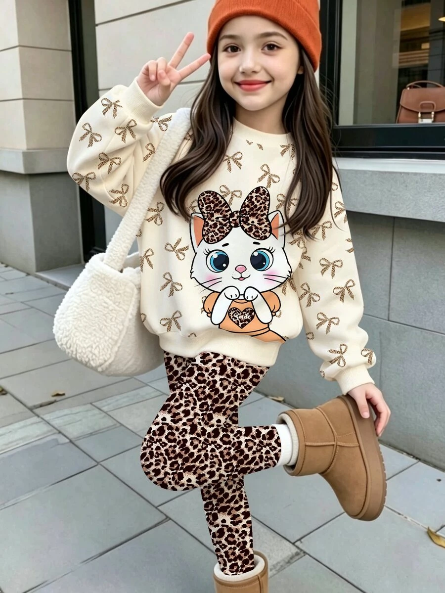 SHEIN Young Girls Korean Baby All-Over Print Bow Cartoon Cat Crew Neck Sweatshirt Leopard Leggings Birthday Spring/Autumn 2 Pieces Set Purple - Multicolor - View 1