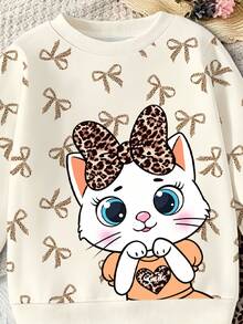 SHEIN Young Girls Korean Baby All-Over Print Bow Cartoon Cat Crew Neck Sweatshirt Leopard Leggings Birthday Spring/Autumn 2 Pieces Set Purple - Multicolor - View 6
