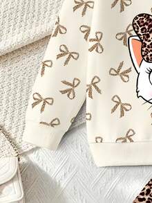 SHEIN Young Girls Korean Baby All-Over Print Bow Cartoon Cat Crew Neck Sweatshirt Leopard Leggings Birthday Spring/Autumn 2 Pieces Set Purple - Multicolor - View 7