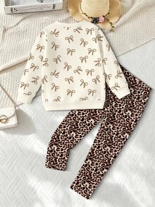 SHEIN Young Girls Korean Baby All-Over Print Bow Cartoon Cat Crew Neck Sweatshirt Leopard Leggings Birthday Spring/Autumn 2 Pieces Set Purple - Multicolor - View 5