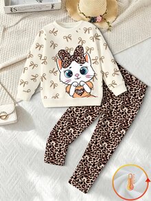 SHEIN Young Girls Korean Baby All-Over Print Bow Cartoon Cat Crew Neck Sweatshirt Leopard Leggings Birthday Spring/Autumn 2 Pieces Set Purple - Multicolor - View 2