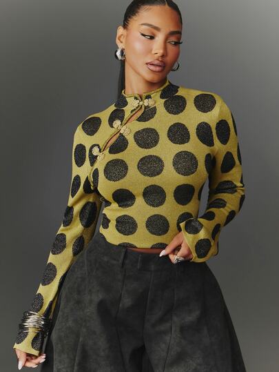NYA SZN Knit Top Long Sleeve Fitted Mock Neck Cutout Frog Closure Polka Dot Club Everyday Casual  Concert Loungewear Cute Chic Festival Green Fall Winter