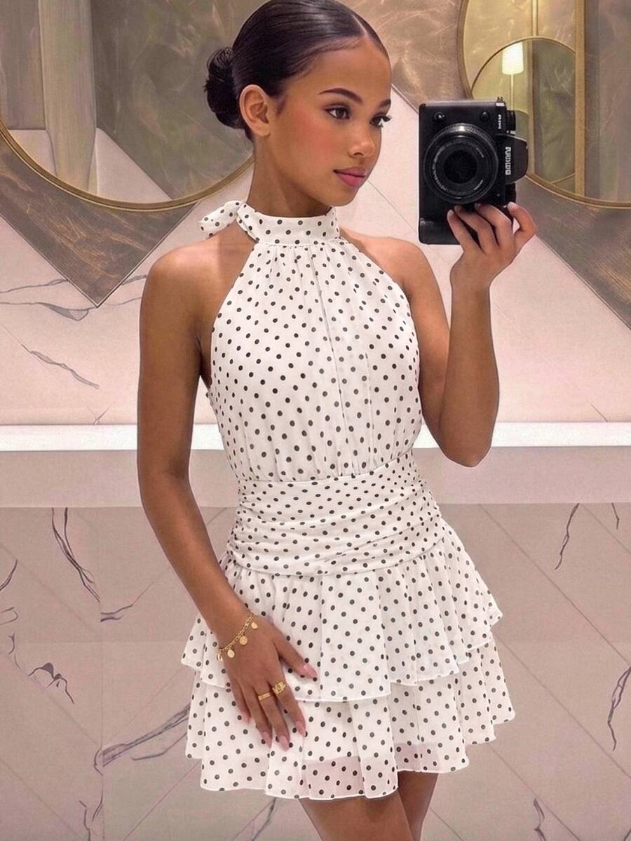 SHEIN Gaun Mini Tanpa Lengan Leher Halter Bahan Satin Chiffon Warna Pink untuk Pesta Remaja Perempuan, Pinggang Terbuka, Hem Berumbai Ganda, Potongan A-Line - Aprikot - View 1