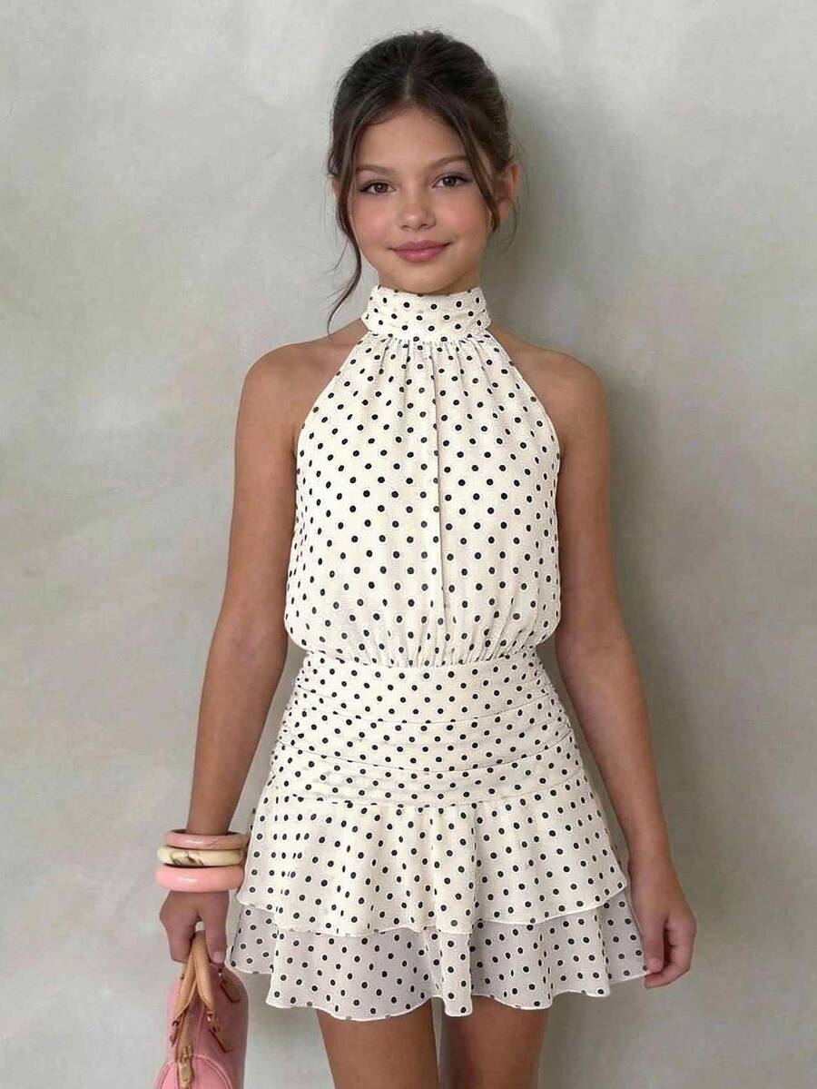 SHEIN Tween Girl Tween Girls Partywear Pink Satin Chiffon Halter Neck Backless Mini Dress, Waist Exposed Double Ruffle Hem A-Line - Apricot - View 1