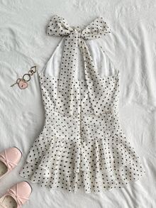 SHEIN Gaun Mini Tanpa Lengan Leher Halter Bahan Satin Chiffon Warna Pink untuk Pesta Remaja Perempuan, Pinggang Terbuka, Hem Berumbai Ganda, Potongan A-Line - Aprikot - View 6