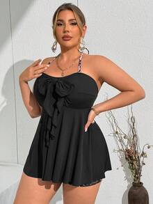 SHEIN Swim Curve Plus Size Women 2-Piece Random Leaf Print Loose Cover Up Tank Top And Shorts Beach Pool Holiday Bikini Set Set For Summer Beach Vacation - Black - View 5