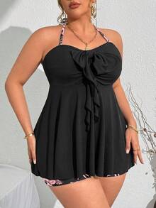 SHEIN Swim Curve Plus Size Women 2-Piece Random Leaf Print Loose Cover Up Tank Top And Shorts Beach Pool Holiday Bikini Set Set For Summer Beach Vacation - Black - View 6