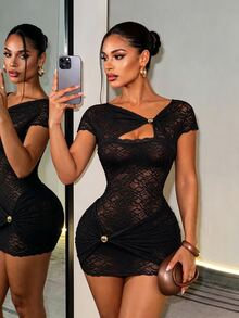 BamGleam Women's Asymmetric Collar Lace Cutout Design Sexy Bodycon Dress Halloween Night Out Club Party Black Floral Summer - Black - View 4