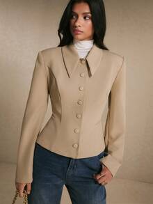 Poéselle Jaket Kasual Wanita Lengan Panjang Kancing Tunggal Warna Polos untuk Perjalanan Sehari-hari - Khaki - View 5
