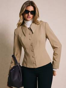 Poéselle Jaket Kasual Wanita Lengan Panjang Kancing Tunggal Warna Polos untuk Perjalanan Sehari-hari - Khaki - View 1