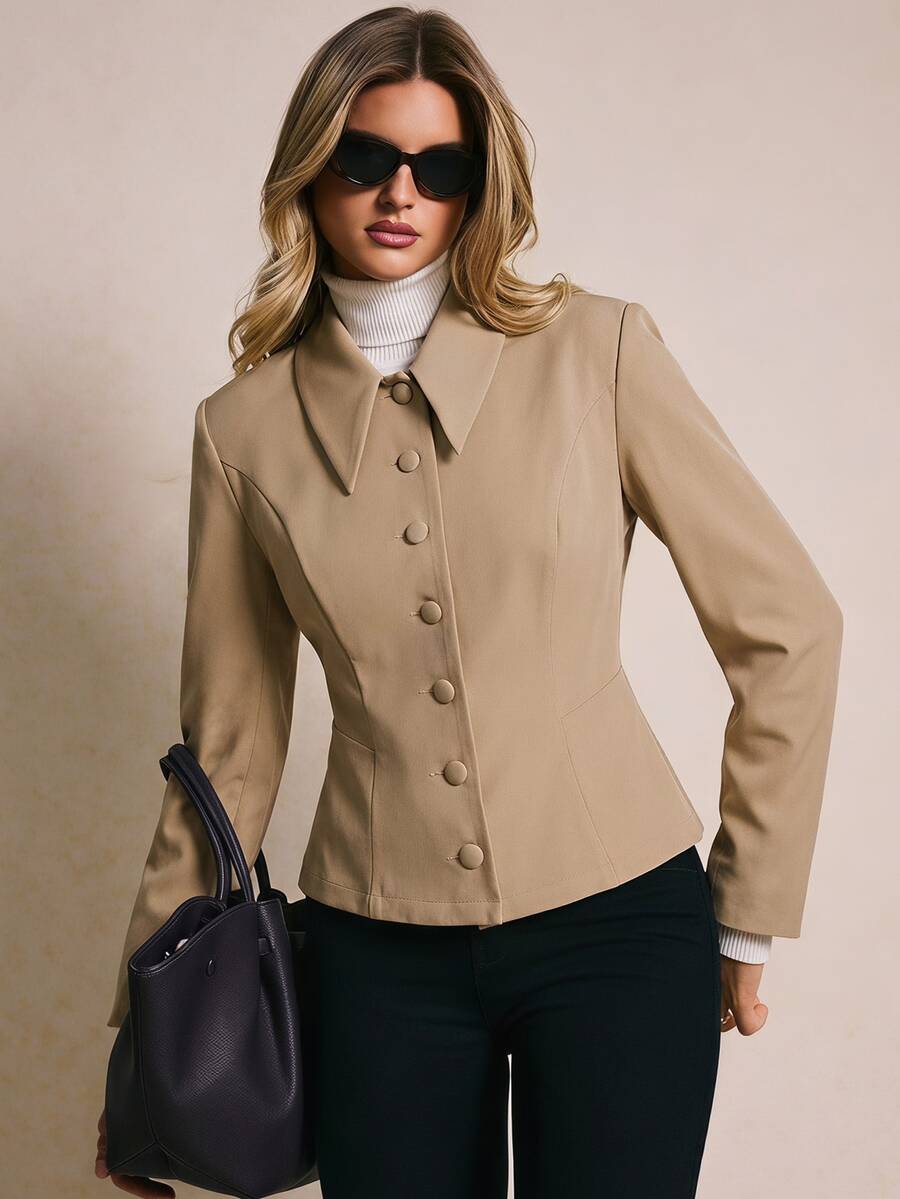 Poéselle Jaket Kasual Wanita Lengan Panjang Kancing Tunggal Warna Polos untuk Perjalanan Sehari-hari - Khaki - View 1