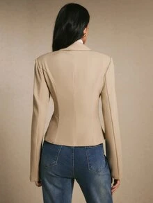 Poéselle Jaket Kasual Wanita Lengan Panjang Kancing Tunggal Warna Polos untuk Perjalanan Sehari-hari - Khaki - View 6
