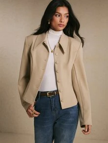 Poéselle Jaket Kasual Wanita Lengan Panjang Kancing Tunggal Warna Polos untuk Perjalanan Sehari-hari - Khaki - View 3