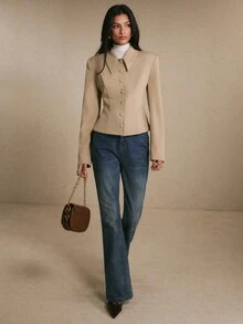 Poéselle Jaket Kasual Wanita Lengan Panjang Kancing Tunggal Warna Polos untuk Perjalanan Sehari-hari - Khaki - View 4