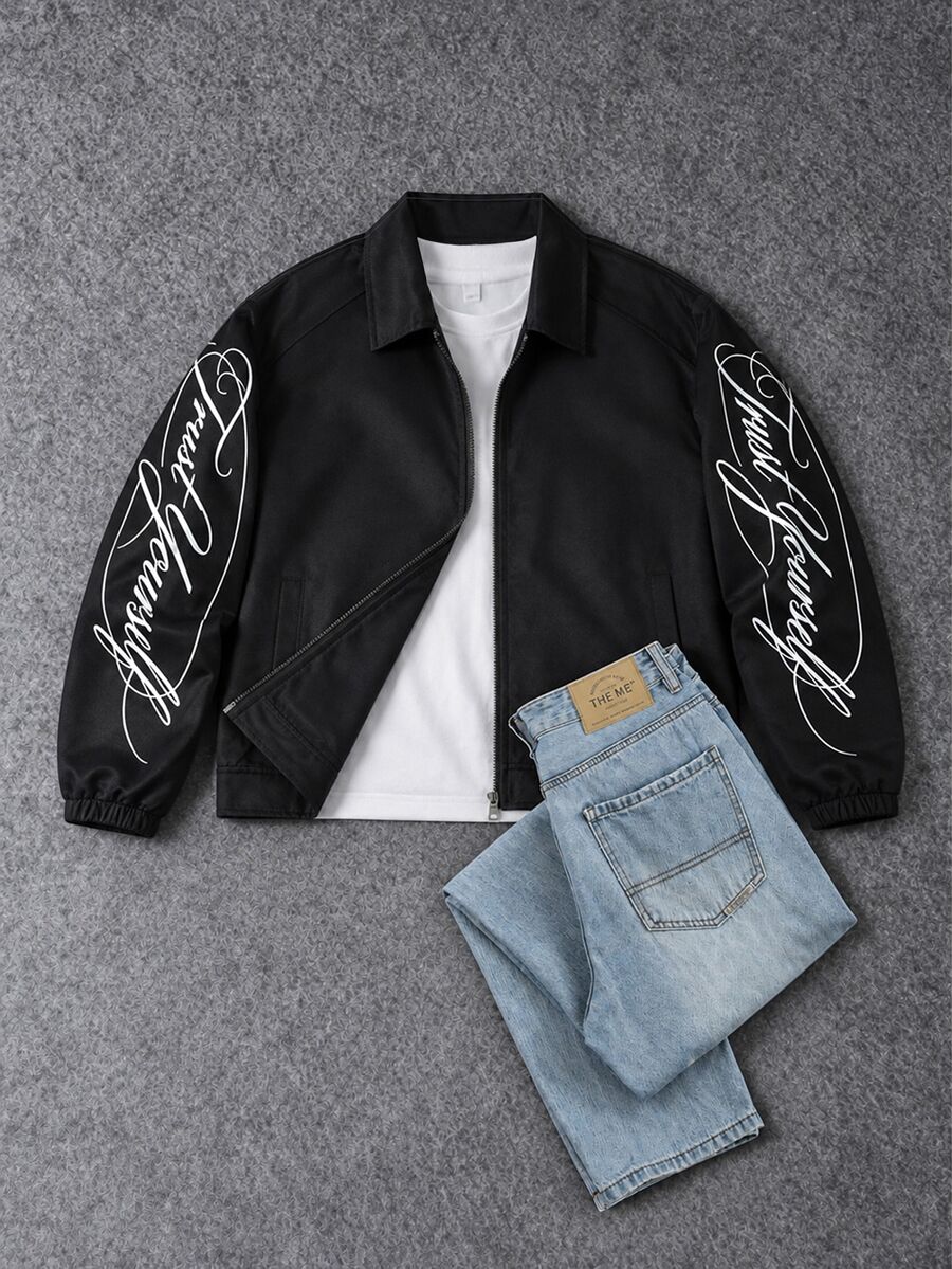 SLATEMANN Men's Letter Pattern Casual Streetwear Daily Vacation Holiday Long Sleeve Jacket , Black And White Autumn - Black - View 1