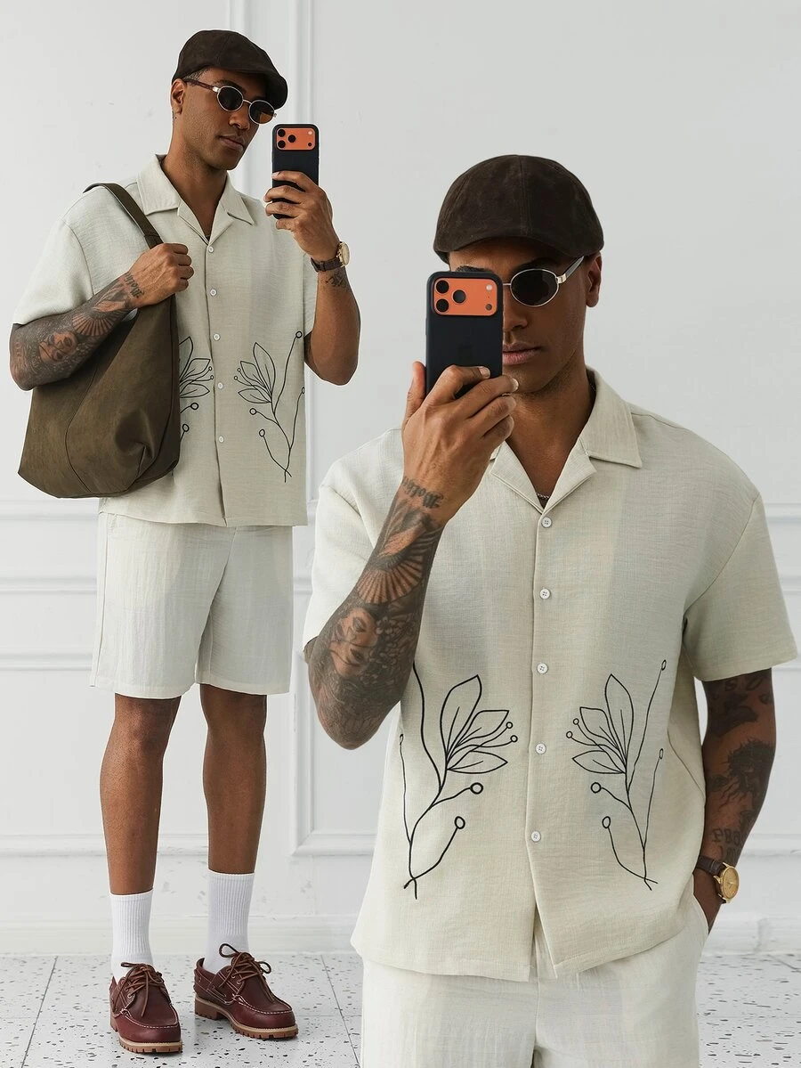 HUEFORM Men's Old Money Floral Print Relaxed Fit Single-Breasted Casual Versatile Daily Wear Shirt - Apricot - View 1
