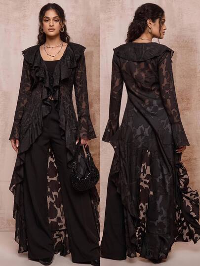 Nubod Conjunto de dos piezas talla grande con blusa larga de gasa floral con cuello de volantes, escote en V, manga larga y puños con volantes + pantalones negros plisados de tela texturizada elegante para salidas citas fiestas casual y oficina