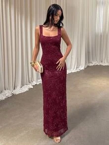 Aloruh Women's Autumn/Winter Elegant Sequin Floral Embroidered Backless Mermaid Dress - Burgundy - View 9