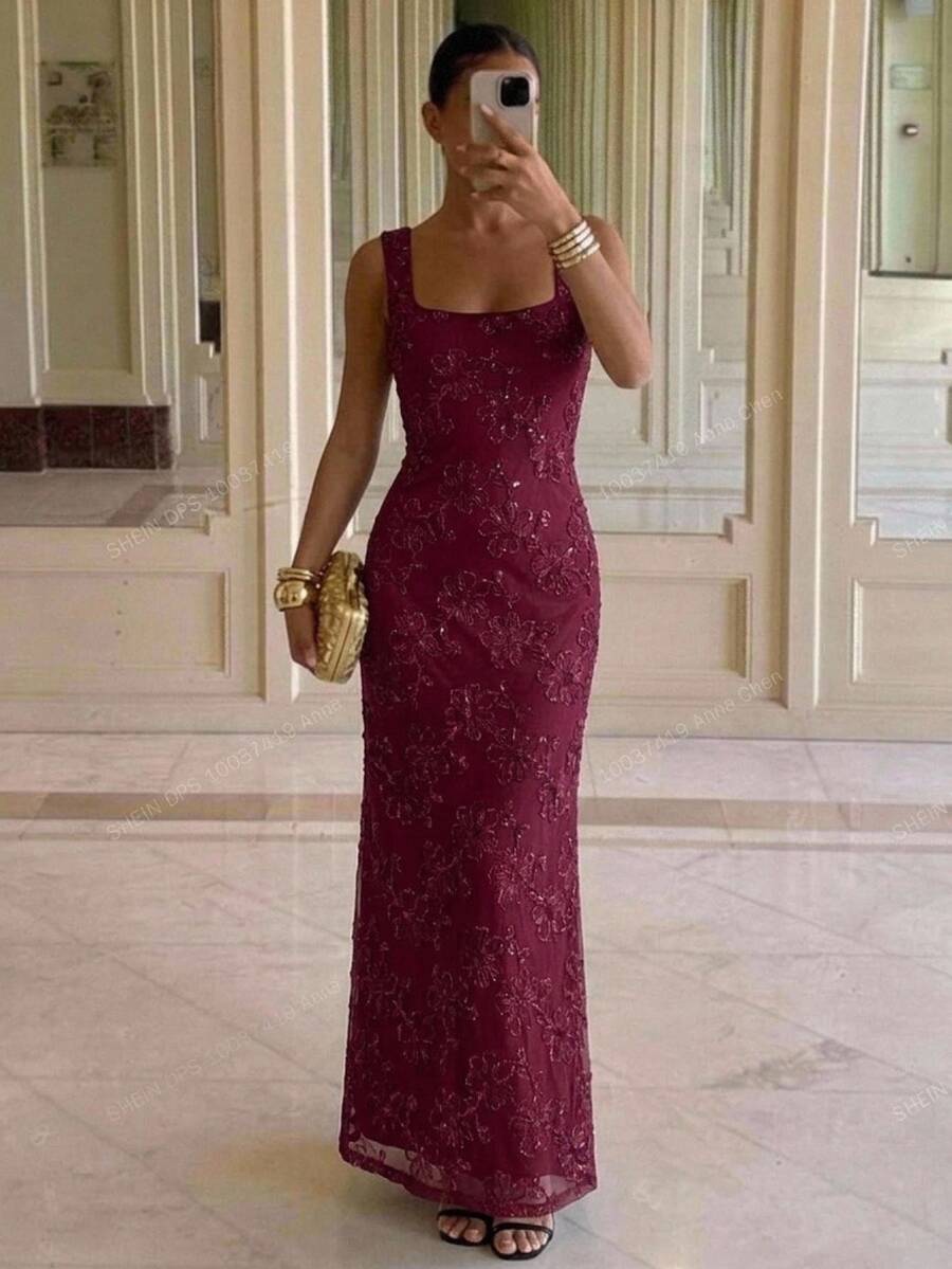 Aloruh Women's Autumn/Winter Elegant Sequin Floral Embroidered Backless Mermaid Dress