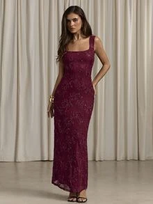 Aloruh Women's Autumn/Winter Elegant Sequin Floral Embroidered Backless Mermaid Dress - Burgundy - View 6