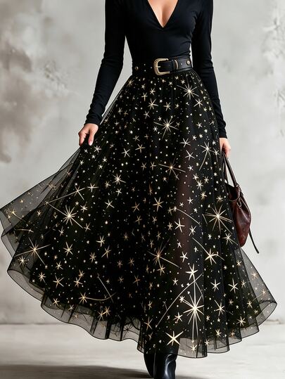 GlowEve Ropa de otoño para mujeres Falda de malla con estrellas de lámina dorada de moda elegante para mujeres