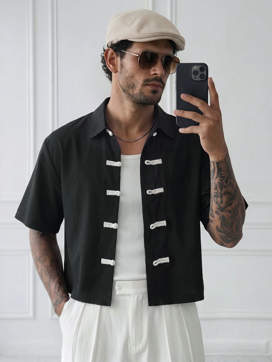 HUEFORM Men's Fashion Black Cropped Shirt Featuring A Chinese-Style Frog-Button Design Suitable For Those Who Need Help With Styling Or Coordination - Black - View 1