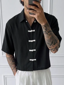 HUEFORM Men's Fashion Black Cropped Shirt Featuring A Chinese-Style Frog-Button Design Suitable For Those Who Need Help With Styling Or Coordination - Black - View 4