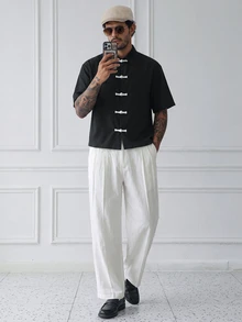 HUEFORM Men's Fashion Black Cropped Shirt Featuring A Chinese-Style Frog-Button Design Suitable For Those Who Need Help With Styling Or Coordination - Black - View 3