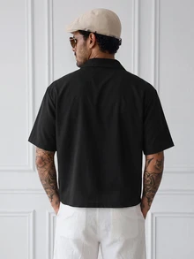 HUEFORM Men's Fashion Black Cropped Shirt Featuring A Chinese-Style Frog-Button Design Suitable For Those Who Need Help With Styling Or Coordination - Black - View 2