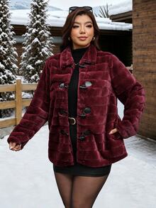 Reflora Plus Size Women's Solid Color Fashion Versatile Winter Faux Fur Coat Going Out Club Burgundy Elegant - Red - View 8