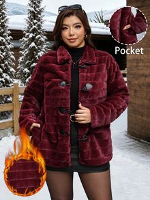 Reflora Plus Size Women's Solid Color Fashion Versatile Winter Faux Fur Coat Going Out Club Burgundy Elegant - Red - View 7
