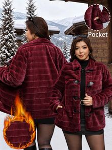 Reflora Plus Size Women's Solid Color Fashion Versatile Winter Faux Fur Coat Going Out Club Burgundy Elegant - Red - View 3