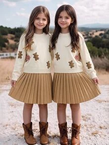 SHEIN Genkimix Kids 青少年女孩冬季針織兩件套，可愛3D蝴蝶結毛衣與百褶裙套裝，優雅風格 - 卡其色 - 查看 1