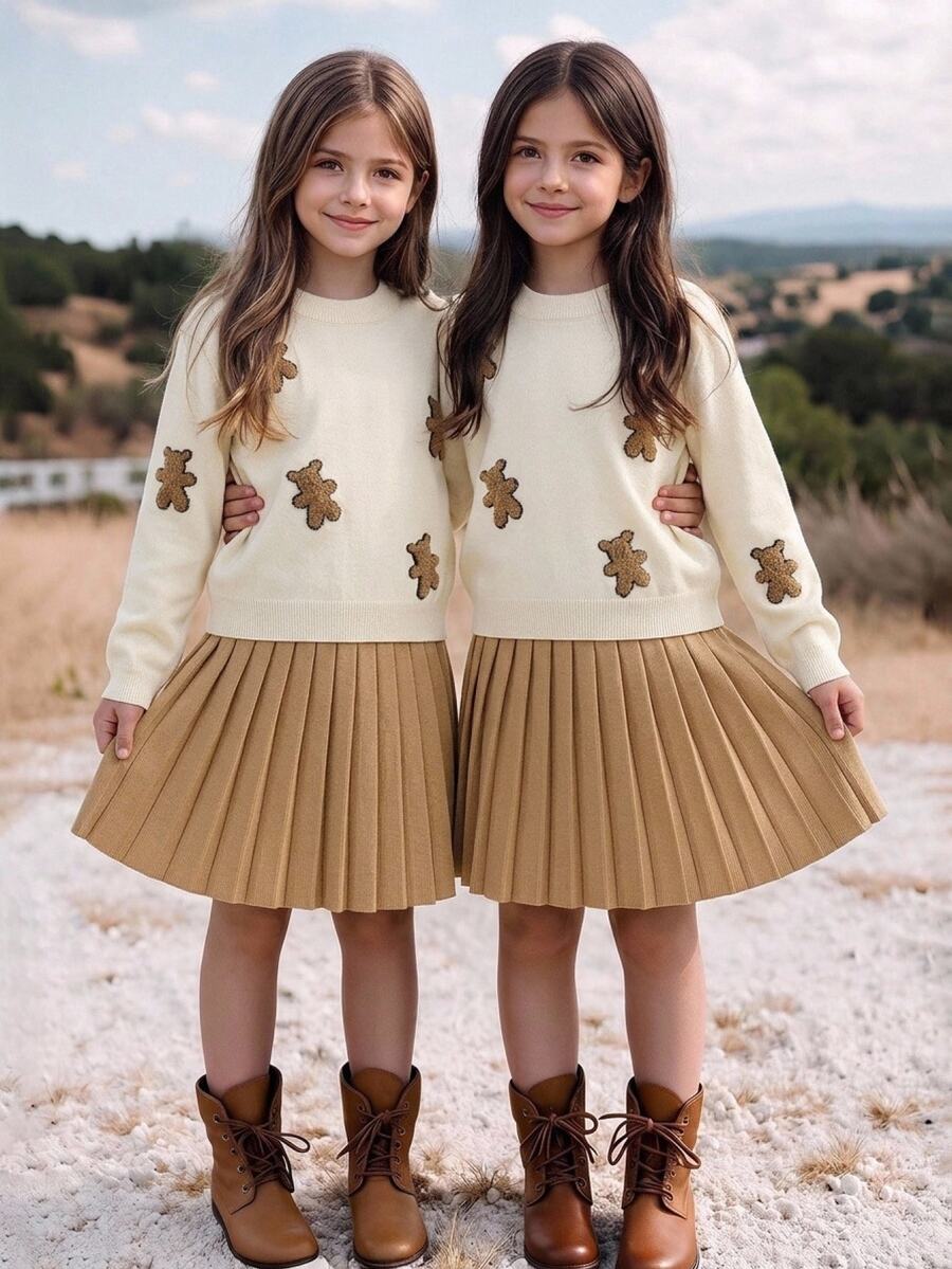 SHEIN Genkimix Kids 青少年女孩冬季針織兩件套,可愛3D蝴蝶結毛衣與百褶裙套裝,優雅風格 - 卡其色 - 查看 1
